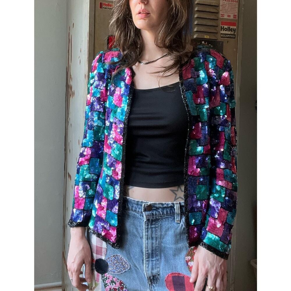 Vintage 80s Silk Sequin Jacket | Colorblock Sequin Blazer | Size M - Picture 2 of 5